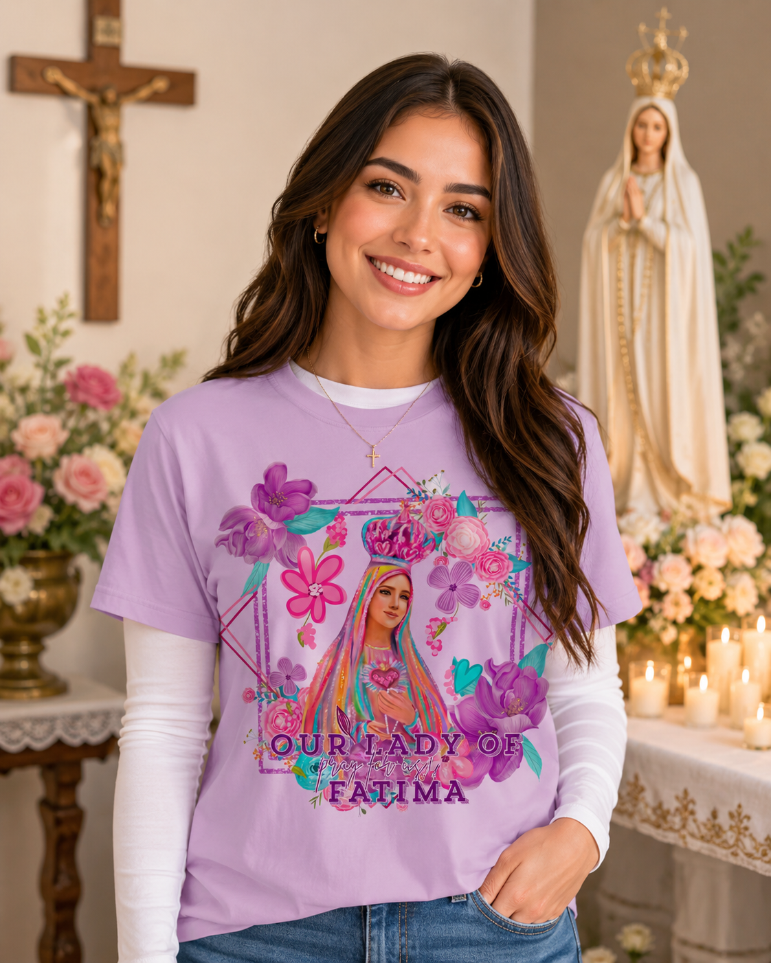 Our Lady of Fatima Pastel Lilac Graphic BoxyCut Tee